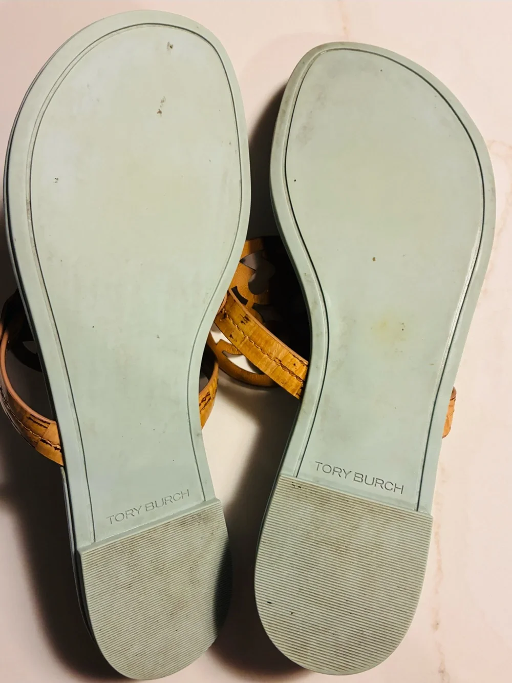 Tory Burch Pale Blue Sandals with Cork-Tone Logo Medallions